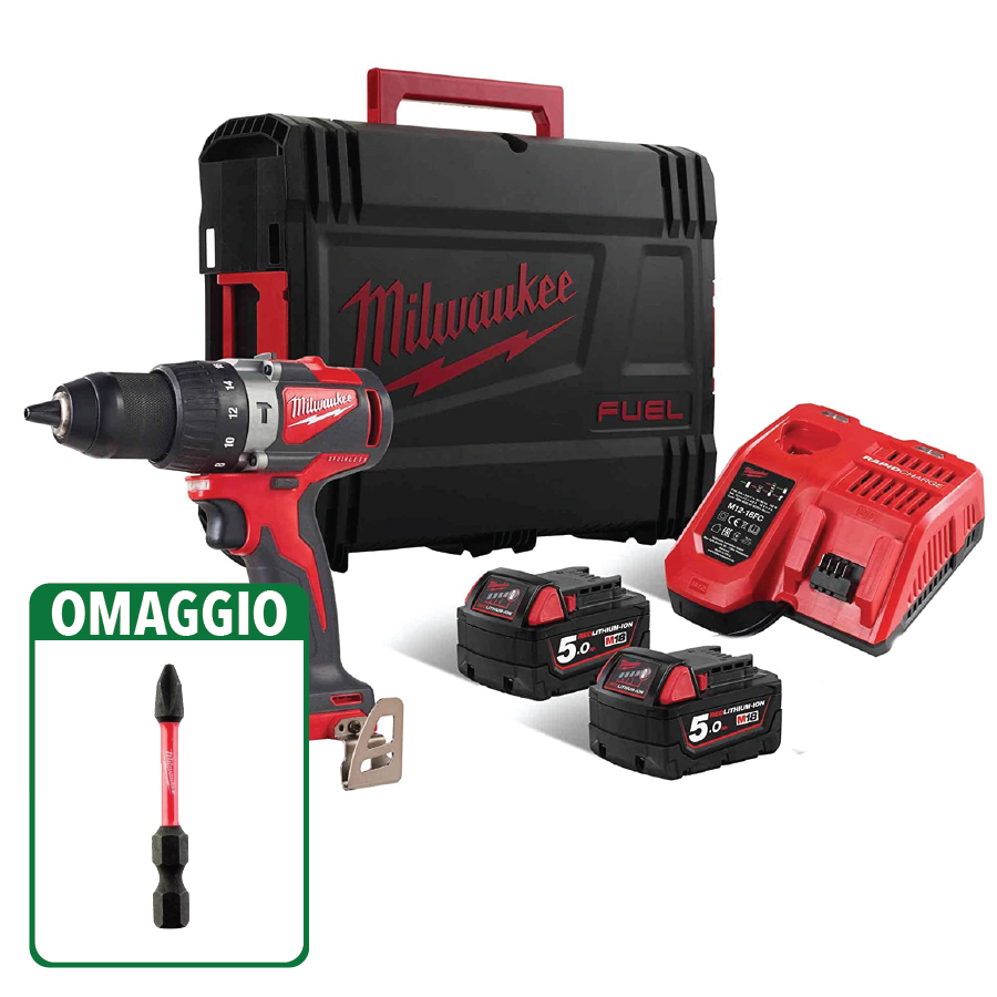 Milwaukee M18BLPD2-502X AVVITATORE A PERCUSSIONE 18V 2 BATT. 5.0Ah + OMAGGIO! - immagine 2